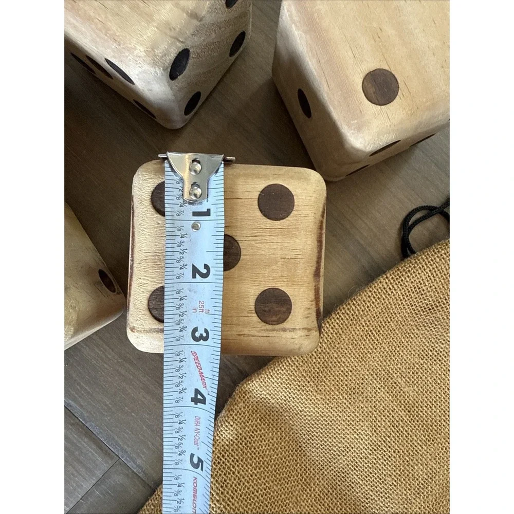 Vintage 5 Solid Wood Dice In A Burlap Bag - Large 3 1/4